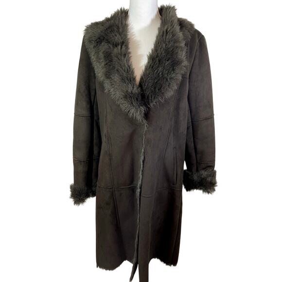 Pasha & Jo New York Brown Faux Suede Fur Trim Long Coat Women's Sz L